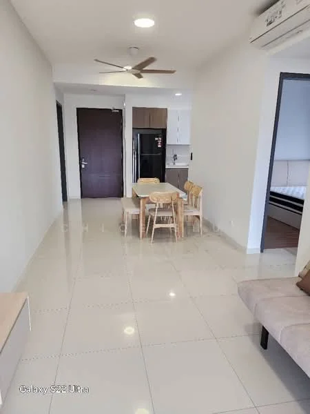 Living features: light-colored walls, white tiled flooring, 5-blade ceiling fan with light, wall-mounted air conditioning unit, dining table with four wooden chairs, sofa, refrigerator, kitchen cabinetry, open layout, natural light from windows; style: modern.