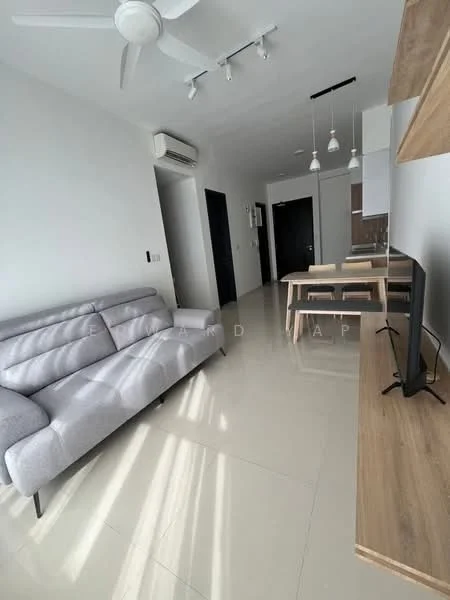 Living features: 3-seater fabric sofa in light grey, flat-screen TV on wooden console, wooden dining table with 2 chairs, white walls, glossy tile flooring, ceiling fan, recessed downlights, air conditioning unit, open layout, large windows for natural light; style: modern.