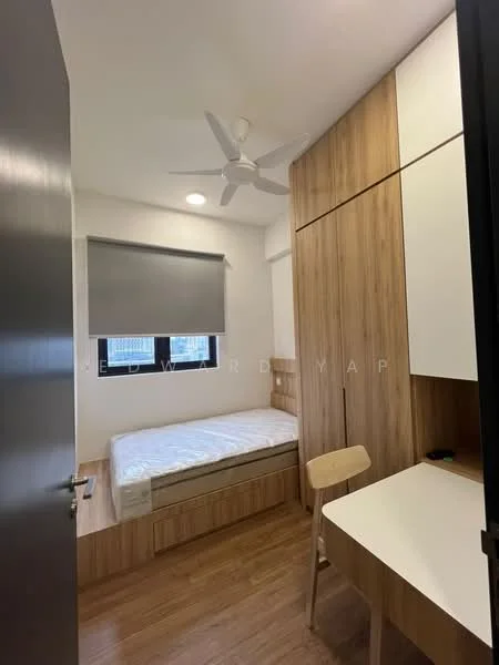 Bedroom features: single bed, wooden bed frame, built-in wardrobe with wood finish, study desk with white surface, wooden chair, ceiling fan, window with roller blinds, laminate flooring, light-colored walls, minimalist decor; style: modern.