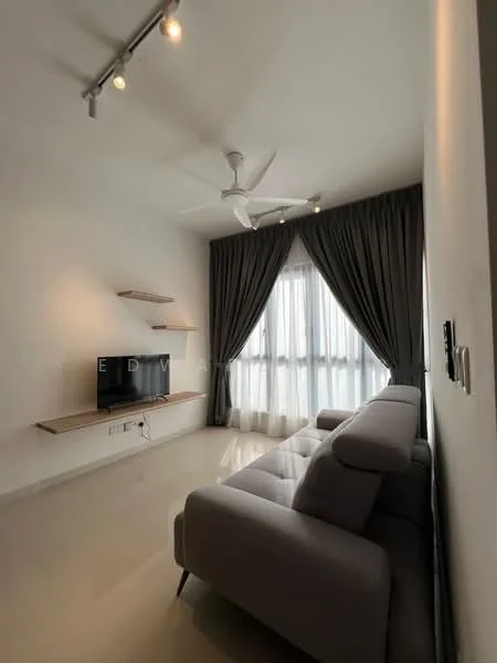Living features: 3-seater fabric sofa in grey, wall-mounted TV, floating wooden shelf, floor-to-ceiling windows, sheer curtains, dark grey curtains, recessed downlights, 5-blade ceiling fan with light, polished tile flooring, white painted walls; style: modern.