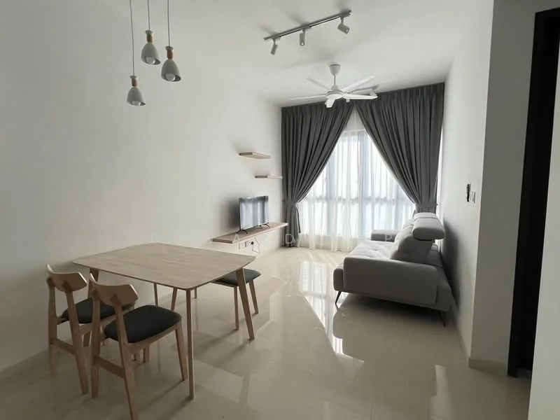 Living features: 3-seater fabric sofa in light grey, wooden coffee table, TV console, wall-mounted TV, floor-to-ceiling windows, sheer curtains, 5-blade ceiling fan with light, recessed downlights, polished ceramic tile flooring, decorative wall shelf, area rug; style: modern; view: city. Dining features: 4-seater dining table, wooden dining chairs with black upholstery; style: modern.