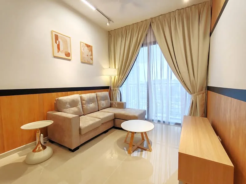 Living features: beige fabric L-shape sectional sofa, white round coffee table, light wood TV console, cream curtains, floor-to-ceiling windows, wood panel accent wall, recessed downlights, decorative wall art, polished tile flooring; style: modern; view: city.