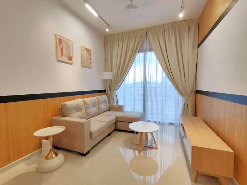 Living features: beige fabric sofa, white coffee table, wooden TV console, cream curtains, floor-to-ceiling windows, recessed ceiling lights, wood panel accent wall, glossy tile flooring; style: modern; view: city.