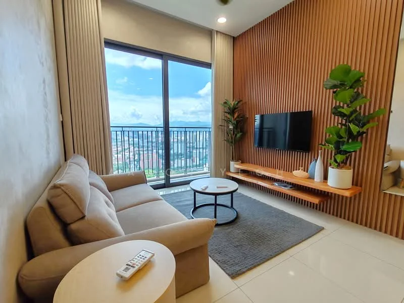 Living features: 3-seater fabric sofa in beige, round coffee table, wall-mounted TV, wooden TV console, decorative plant, area rug with geometric pattern, floor-to-ceiling windows, city view, light-colored walls, wood accent wall, recessed downlights; style: modern; view: city.