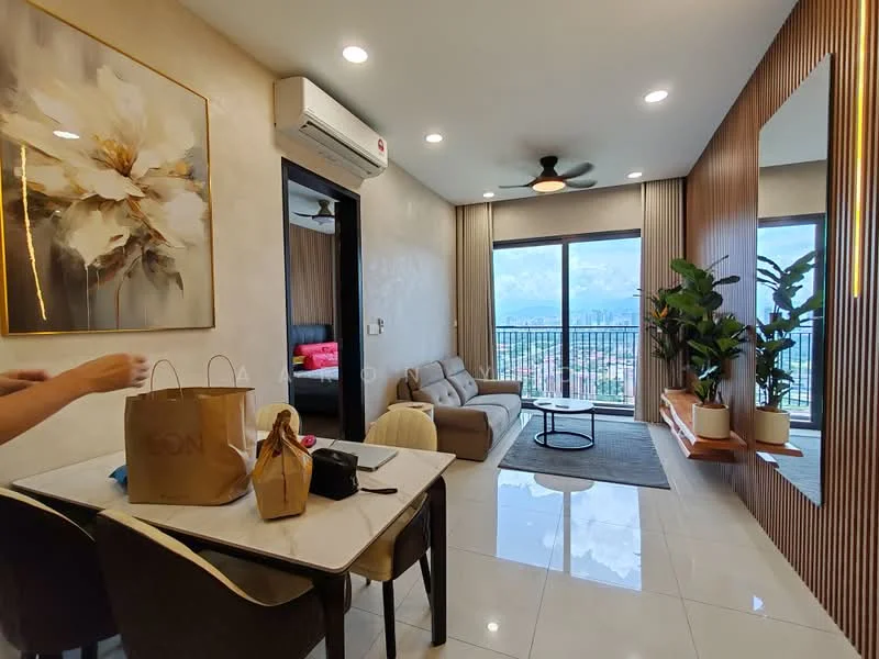 Living features: floor-to-ceiling windows, sliding glass door, 3-seater fabric sofa in beige, coffee table, area rug, wall-mounted TV, ceiling fan, decorative plants, wood panel accent wall, artwork on wall, marble tile flooring, recessed downlights; style: modern; view: city. Dining features: 4-seater dining table, chairs, decorative items on table; style: modern.