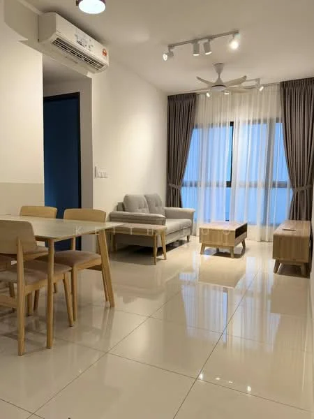 Living features: 3-seater fabric sofa in light grey, wooden coffee table, dining table with 4 wooden chairs, floor-to-ceiling window, sheer curtains, recessed downlights, ceiling fan, white painted walls, glossy tile flooring, air conditioning unit; style: modern; view: city.