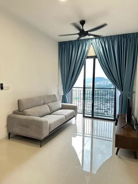 Living features: 3-seater fabric sofa in light grey, floor-to-ceiling windows, sliding glass door, sheer curtains, blackout curtains, ceiling fan with 5 blades, TV console, wall-mounted TV, glossy tile flooring, decorative wall panel, decorative mirror, area rug; style: modern; view: city.