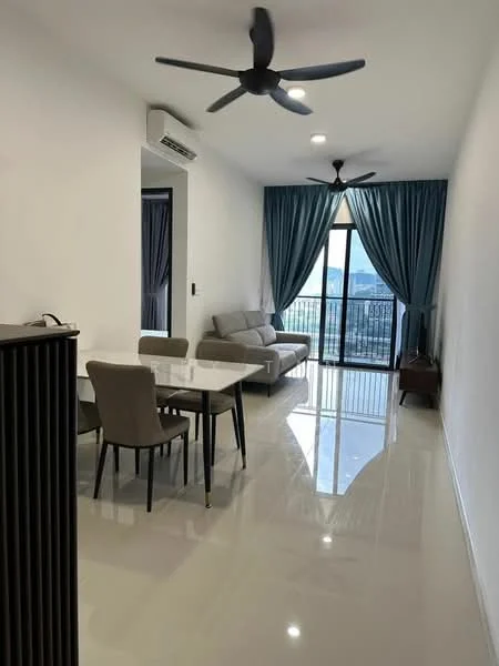 Living features: white painted walls, glossy tile flooring, 5-blade ceiling fan with light, floor-to-ceiling windows, sliding glass door, sheer curtains, grey fabric sofa, dining table with 4 chairs, TV console, decorative wall panel; style: modern; view: city.