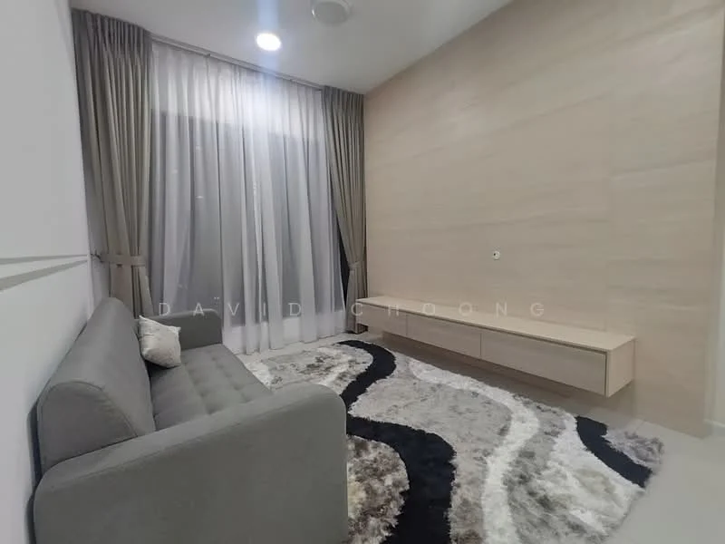 Living features: grey fabric sofa, area rug with abstract pattern, wood feature wall, wall-mounted TV console, floor-to-ceiling windows, sheer curtains, recessed downlights, light-colored walls; style: modern.