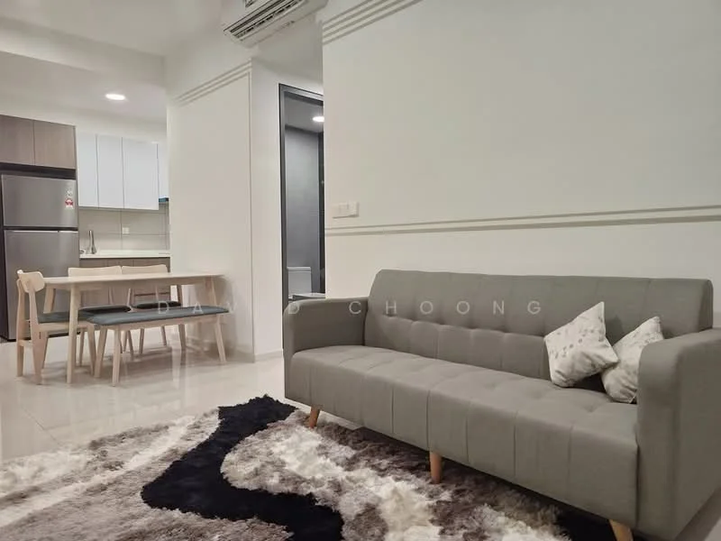 Living features: grey fabric sofa with wooden legs, decorative cushions, area rug with abstract pattern, wall-mounted air conditioning unit, white painted walls, recessed ceiling lights, floor-to-ceiling windows, dining table with wooden legs, 4 wooden dining chairs, stainless-steel fridge, kitchen cabinetry with white finish, open-plan layout; style: modern.