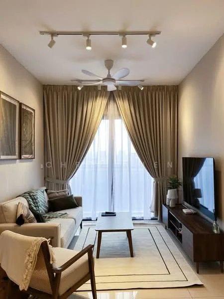 Living features: 3-seater fabric sofa in beige, wooden coffee table, TV console, wall-mounted TV, 5-blade ceiling fan with light, recessed LED track lighting, floor-to-ceiling windows, sheer curtains, area rug with geometric pattern, decorative wall art, wooden side chair; style: modern; view: city.