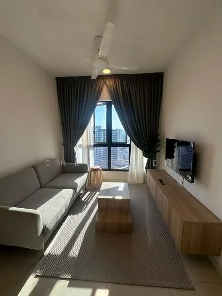 Living features: 3-seater fabric sofa in grey, wooden coffee table, TV console, wall-mounted TV, area rug, floor-to-ceiling windows, sheer curtains, blackout curtains, ceiling fan with light, light-colored walls, neutral tile flooring; style: modern; view: city.