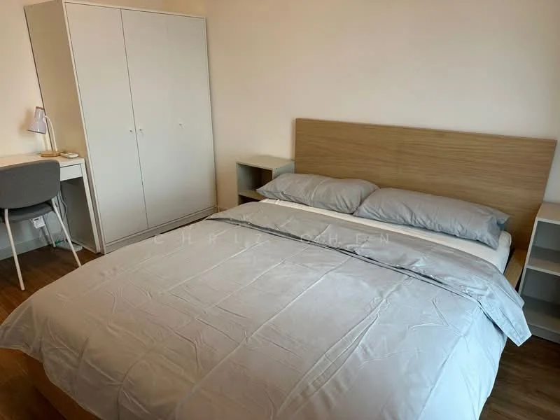 Bedroom features: king-size bed with grey bedding, wooden headboard, two bedside tables, built-in wardrobe with sliding doors, study desk with chair, desk lamp, wooden flooring, neutral wall color; style: modern.