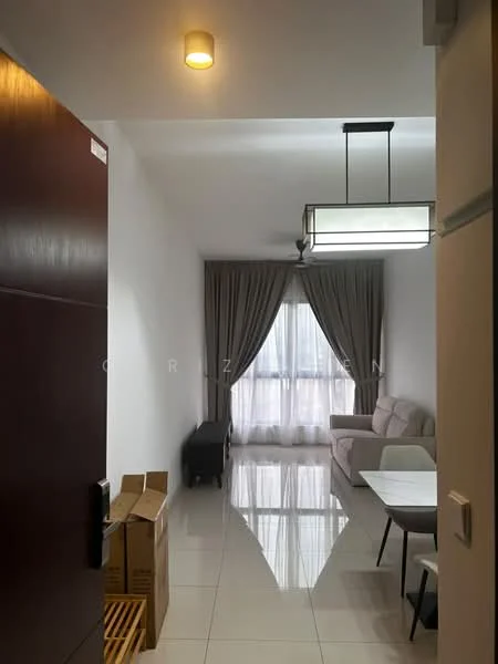 Living features: white painted walls, glossy tile flooring, ceiling light fixture, curtains, sofa, coffee table, dining table, chairs, floor-to-ceiling windows; style: modern.
