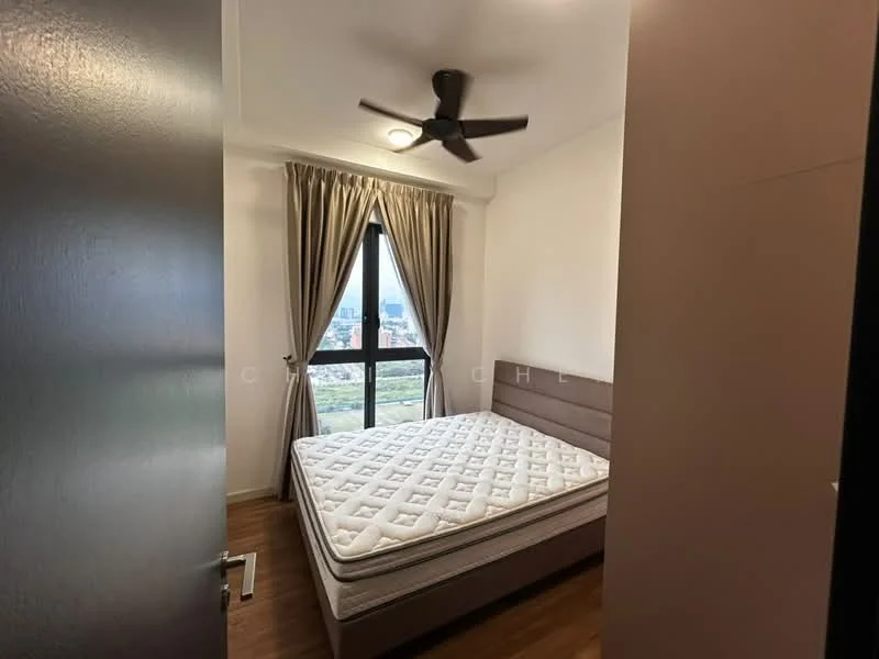 Bedroom features: queen-size bed, upholstered headboard, floor-to-ceiling window, curtains, 5-blade ceiling fan, wooden flooring, light fixture, city view; style: modern; view: city.