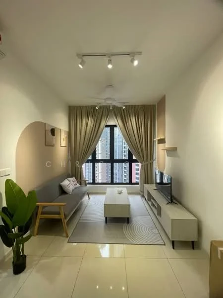 Living features: grey fabric sofa, white coffee table, TV console with storage, wall-mounted TV, recessed LED downlights, 5-blade ceiling fan, floor-to-ceiling windows, sheer curtains, decorative wall art, area rug with circular pattern, potted plant; style: modern; view: city.