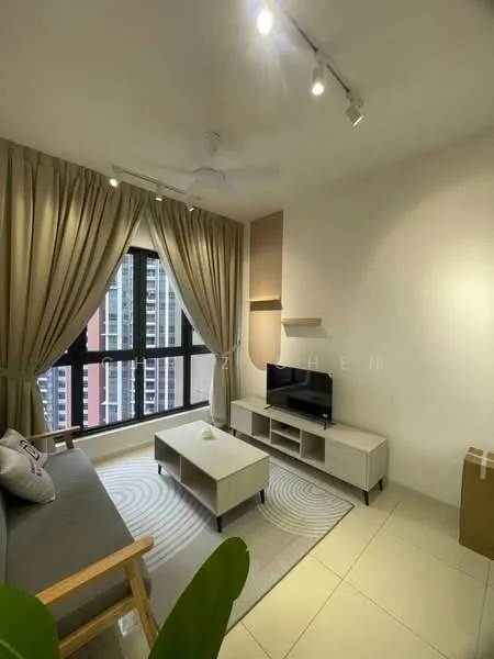Living features: 3-seater fabric sofa in grey, coffee table, TV console, wall-mounted TV, area rug with circular pattern, floor-to-ceiling windows, sheer curtains, ceiling fan with light, recessed downlights, light-colored walls, tile flooring; style: modern; view: city.