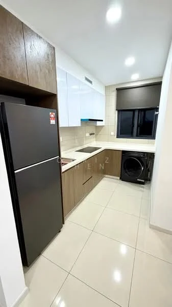 Kitchen features: white upper cabinets, wood lower cabinets, black refrigerator, built-in washing machine, white countertop, ceramic tile flooring, recessed LED downlights, window with roller blinds, single-bowl stainless-steel sink, chrome pull-down faucet; style: modern.