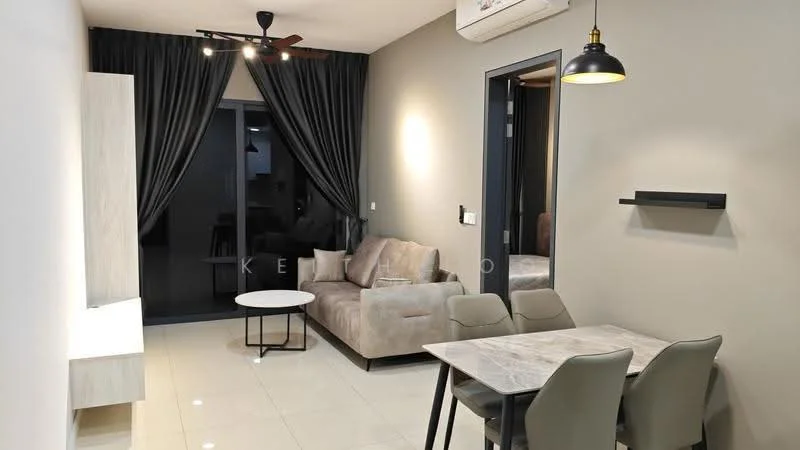 Living features: 3-seater fabric sofa in light grey, coffee table with round top, dining table for 4 with marble top, 4 upholstered dining chairs, wall-mounted TV console, floor-to-ceiling windows, blackout curtains, ceiling fan with light, recessed downlights, glossy tile flooring, air conditioning unit; style: modern.