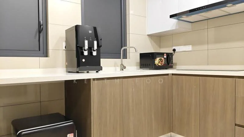 Kitchen features: white countertop, light wood cabinetry, black water dispenser, microwave, stainless-steel sink, chrome faucet, cream tiled backsplash, grey window frames; style: modern.