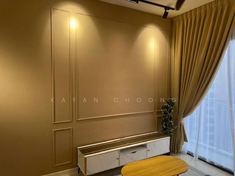 Living features: cream painted walls, wall paneling, recessed lighting, curtains in beige, wooden coffee table, white storage cabinet, indoor plant, floor-to-ceiling windows; style: modern; view: city.