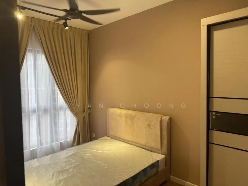 Bedroom features: beige painted walls, wall-to-wall carpet, queen-size bed with upholstered headboard, floor-to-ceiling windows, sheer curtains, 5-blade ceiling fan, built-in wardrobe with sliding doors; style: modern.