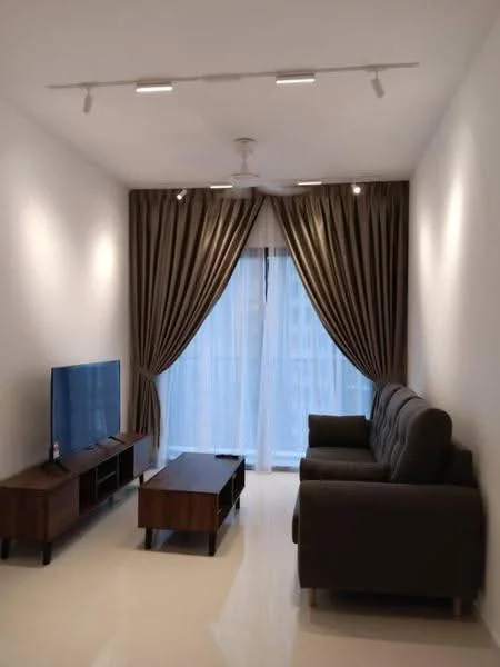 Living features: 3-seater fabric sofa in grey, wooden coffee table, TV console, wall-mounted TV, floor-to-ceiling windows, sheer curtains, heavy drapes, recessed LED downlights, ceiling fan; style: modern.