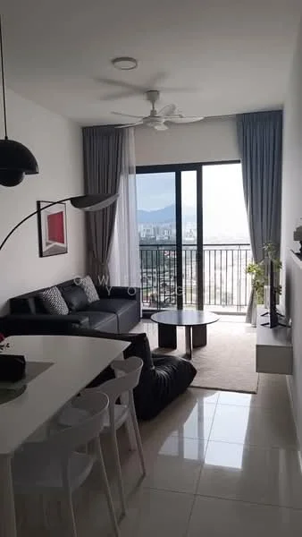Living features: 3-seater fabric sofa in black, coffee table with round glass top, area rug with neutral color, floor-to-ceiling windows, sliding glass door, curtains in grey, ceiling fan with light, wall-mounted TV, decorative plant in pot, wall art with abstract design, TV console, open shelving, light-colored walls, polished tile flooring; style: modern; view: city. Dining features: 6-seater dining table in white, transparent plastic dining chairs, decorative centerpiece on table; style: modern; view: city.