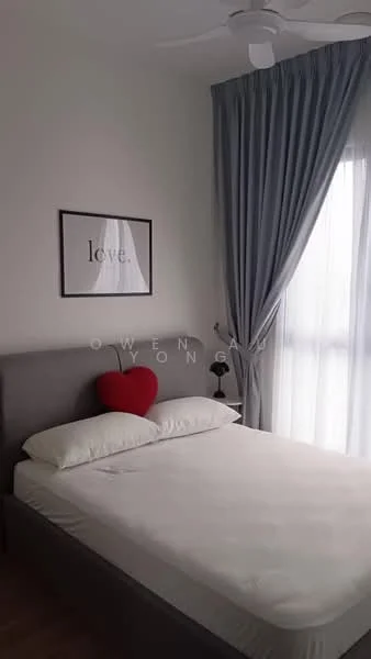 Bedroom features: queen-size bed with white bedding, upholstered headboard in grey, red heart-shaped decorative pillow, floor-to-ceiling window with sheer curtains, light grey curtain drapes, ceiling fan, framed artwork with the word 'love', light-coloured walls, wooden flooring; style: modern.