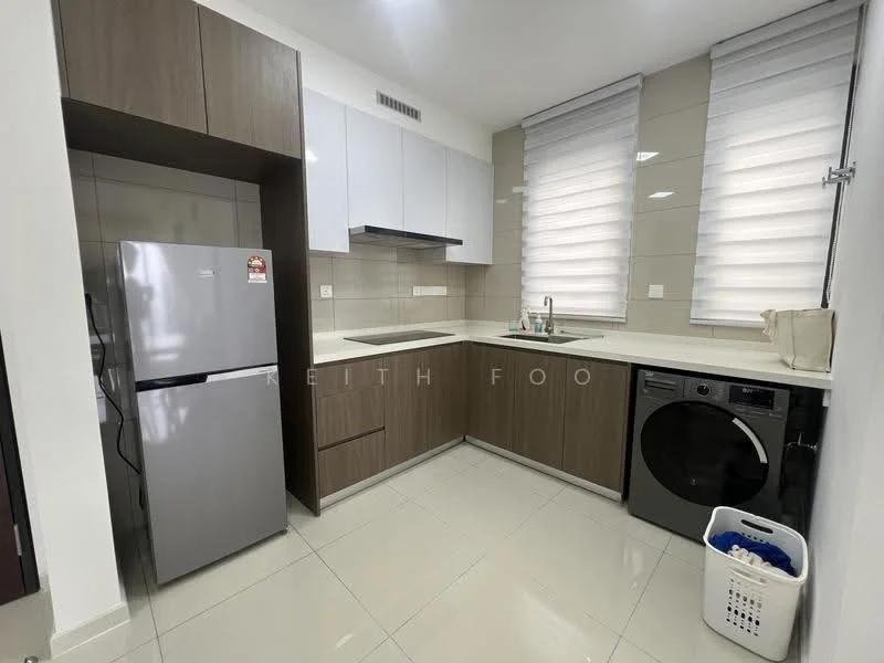 Kitchen features: stainless-steel fridge, built-in oven, single-bowl stainless-steel sink, chrome pull-down faucet, laminate countertop, white upper cabinets, brown lower cabinets, ceramic tile backsplash, washing machine, window with blinds, recessed downlights, polished tile flooring; style: modern.