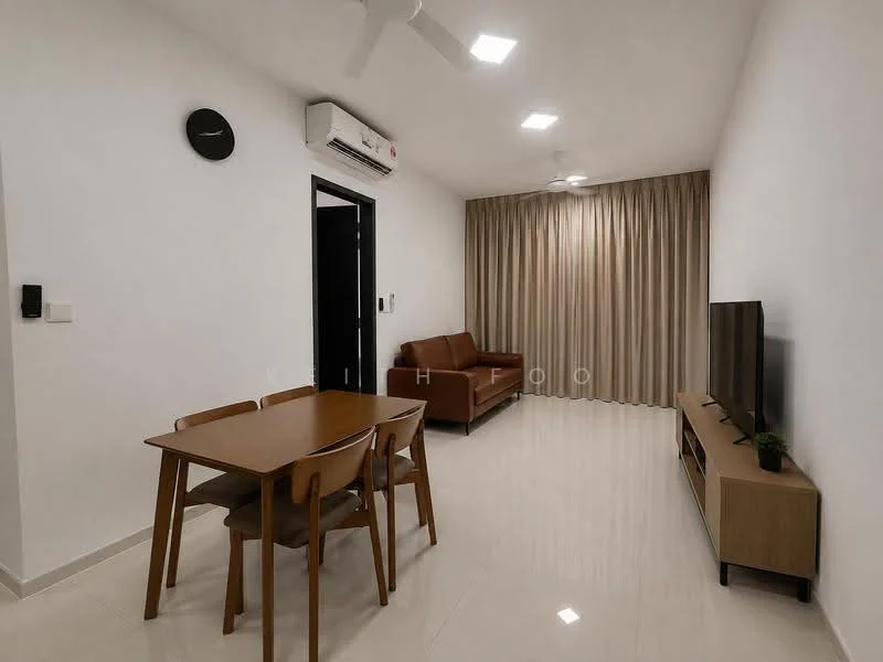 Living features: 3-seater brown leather sofa, wooden coffee table, TV console with storage, wall-mounted flat-screen TV, light-colored curtains, white painted walls, glossy tile flooring, ceiling fan with light, wall clock, air conditioning unit, dining table with 4 chairs; style: modern.