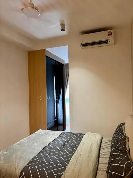Bedroom features: queen-size bed with grey bedding, wall-mounted split AC, light-colored walls, wooden wardrobe with sliding doors, curtains, ceiling fan, carpeted flooring, decorative wall paneling; style: modern.