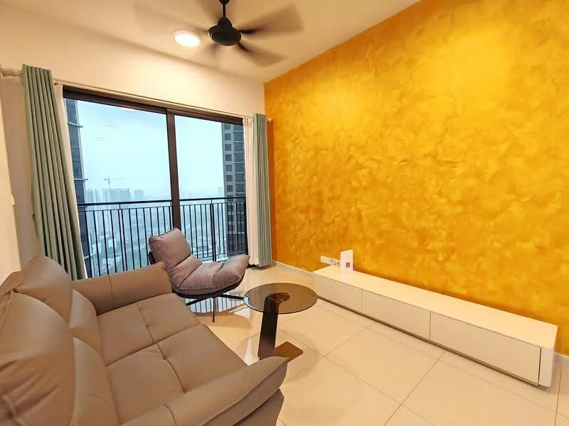 Living features: grey leather sofa, accent chair in light fabric, round glass coffee table, yellow textured accent wall, white TV console, floor-to-ceiling windows, curtains in light blue, recessed ceiling lights, ceiling fan; style: modern; view: city.