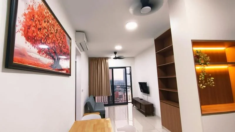 Living features: white painted walls, glossy tile flooring, 5-blade ceiling fan with light, floor-to-ceiling windows, curtains, wall-mounted TV, wooden shelving unit, decorative wall art, greenery decor, sofa, open layout to dining area; style: modern; view: city.