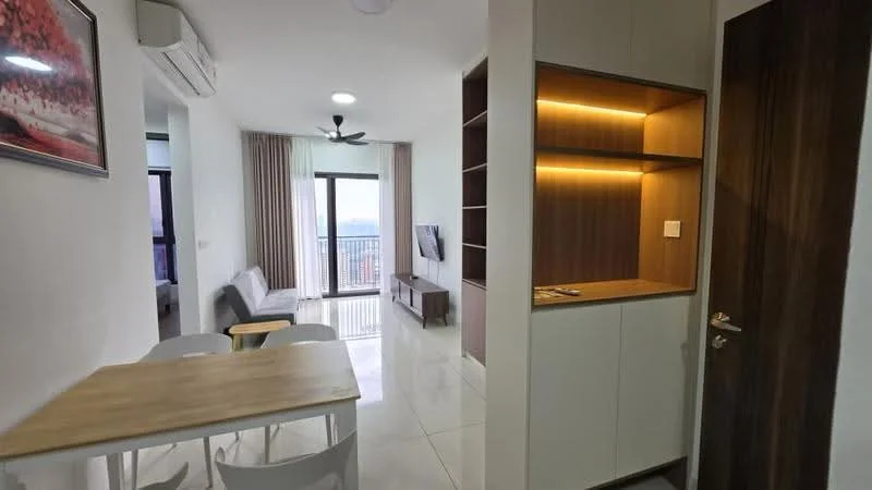 Living features: white painted walls, glossy tile flooring, 5-blade ceiling fan with light, sofa in light grey, coffee table, wall-mounted TV, built-in shelving unit, floor-to-ceiling windows, curtains, decorative artwork, dining table with wooden top and white chairs; style: modern; view: city. Room features: white painted walls, glossy tile flooring, built-in cabinetry, ambient lighting.