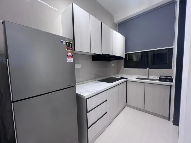 Kitchen features: grey laminate cabinetry, white marble countertop, stainless-steel fridge, built-in sink, chrome pull-down faucet, black cooktop, window with roller blinds, tile backsplash, white tiled flooring, under-cabinet lighting; style: modern.