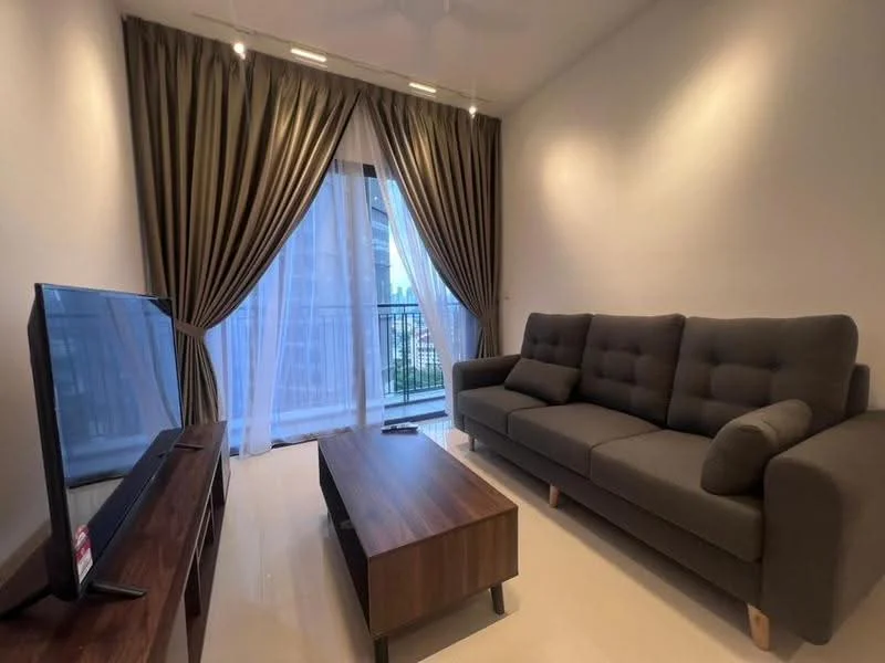 Living features: 3-seater fabric sofa in grey, wood coffee table, wall-mounted TV, floor-to-ceiling windows, sheer curtains, dark brown curtain drapes, recessed downlights, light-coloured wall, light-coloured flooring, ceiling fan; style: modern; view: garden.