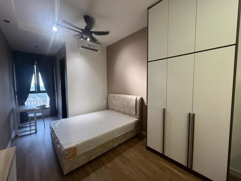 Bedroom features: queen-size bed with mattress, built-in wardrobe with white doors, wooden flooring, ceiling fan, air conditioning unit, window with sheer curtains, study desk, chair; style: modern; view: city.