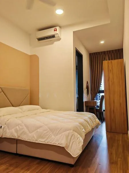 Bedroom features: queen-size bed with upholstered headboard, white bedding, wooden flooring, wall-mounted split AC, window with curtain treatment, study desk with chair, mirror on wall, built-in wardrobe; style: modern; view: city.