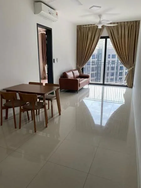 Living features: white painted walls, glossy tile flooring, 5-blade ceiling fan with light, floor-to-ceiling windows, sliding glass door, brown leather sofa, wooden dining table, 4 wooden dining chairs, curtains, air conditioning unit; style: modern; view: city.