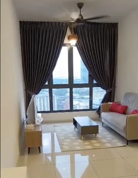 Living features: floor-to-ceiling windows, grey fabric sofa, wooden coffee table, area rug with geometric pattern, 2 red decorative cushions, wall-mounted TV, ceiling fan with light, curtains in dark fabric, polished ceramic tile flooring, decorative light fixture; style: modern; view: city.