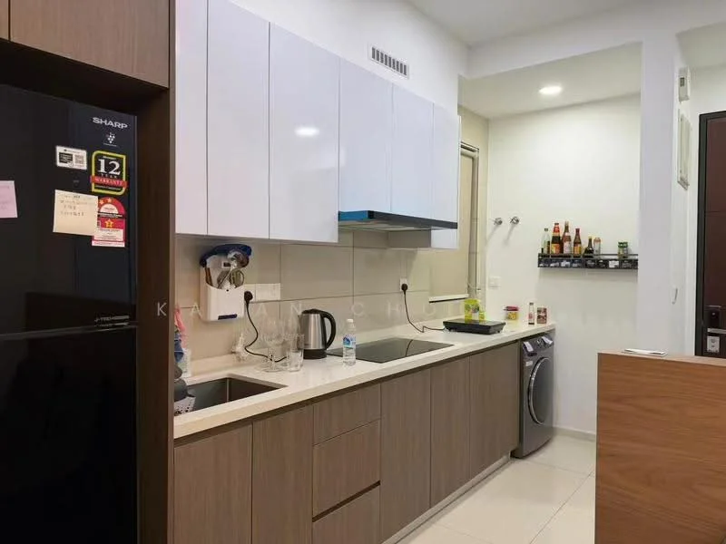 Kitchen features: white cabinetry with flat-panel doors, grey countertop, single-bowl stainless-steel sink, chrome pull-down faucet, built-in oven, freestanding washing machine, black refrigerator, tile backsplash, under-cabinet lighting, wall-mounted shelves, ceramic tile flooring, recessed downlights; style: modern.