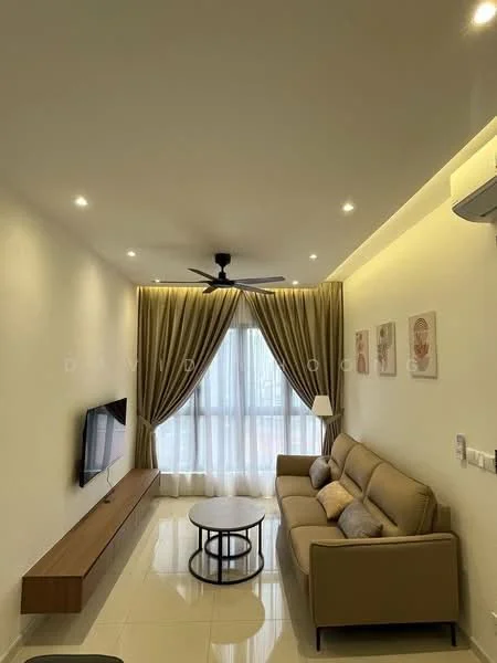 Living features: 3-seater fabric sofa in beige, coffee table, wall-mounted TV, TV console in wood, floor-to-ceiling windows, sheer curtains, recessed LED downlights, 5-blade ceiling fan with light, white painted walls, glossy tile flooring; style: modern; view: city.