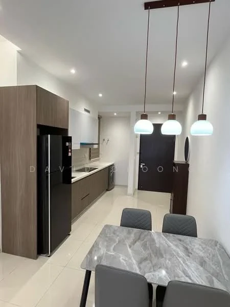 Kitchen features: stainless-steel fridge, built-in oven, ceramic tile flooring, white cabinets, grey countertop, single-bowl stainless-steel sink, chrome pull-down faucet, recessed LED downlights, 3-blade ceiling fan, dining table with marble top, upholstered dining chairs, wall-mounted cabinets; style: modern.