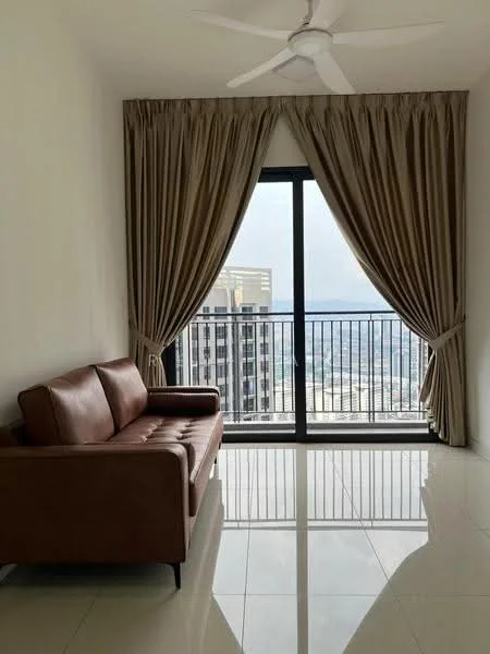 Living features: brown leather sofa, floor-to-ceiling windows, sheer curtains, heavy drapes, white painted walls, glossy tile flooring, ceiling fan, balcony access; style: modern; view: city.