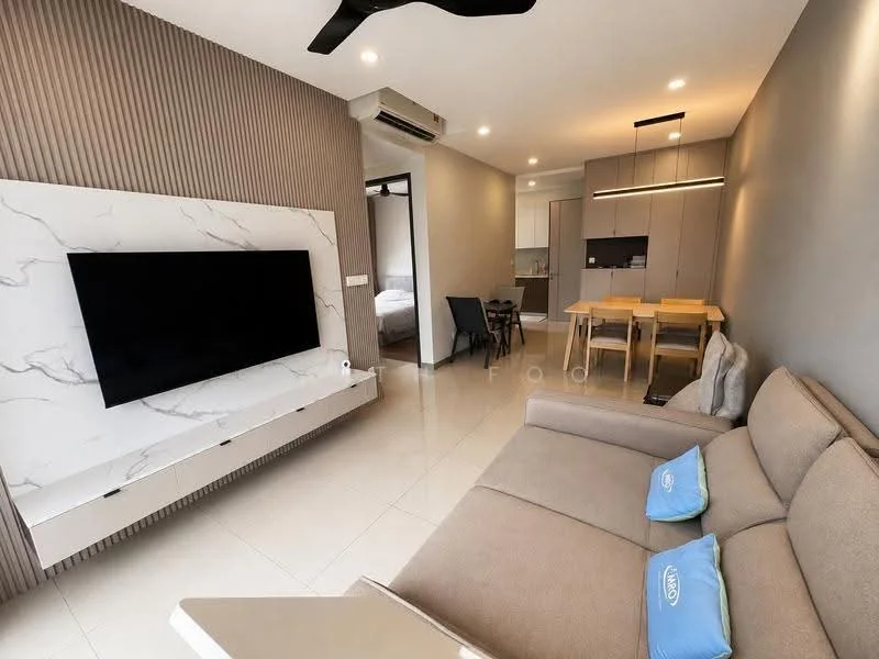 Living features: light grey fabric sofa, wall-mounted TV, white marble feature wall, recessed lighting, ceiling fan, cream tiled flooring, decorative wall paneling, open-plan layout, dining area visible in background; style: modern. Dining features: wooden dining table for four, black dining chairs, kitchen area visible in background; style: modern.