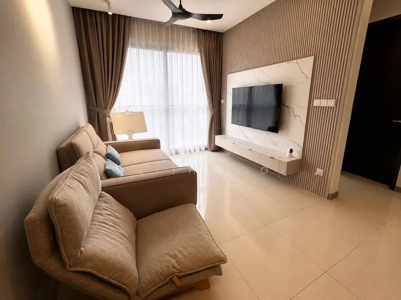 Living features: beige fabric 2-seater sofa, beige fabric 3-seater sofa, wall-mounted TV, light wooden TV console, marble feature wall, floor-to-ceiling windows with sheer curtains, recessed downlights, 5-blade ceiling fan, cream tiled flooring, decorative wall paneling, table lamp on side table; style: modern.