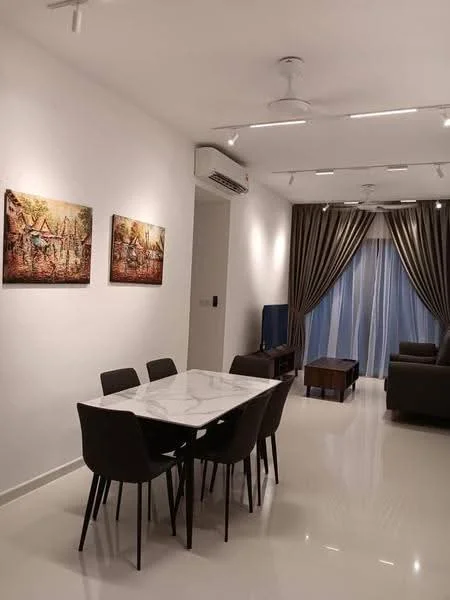 Dining features: marble dining table, 6 black dining chairs, white walls, recessed downlights; style: modern. Living features: 3-seater grey fabric sofa, wood coffee table, wall-mounted TV, floor-to-ceiling curtains, white walls, recessed downlights, ceiling fan, decorative artwork on walls; style: modern.