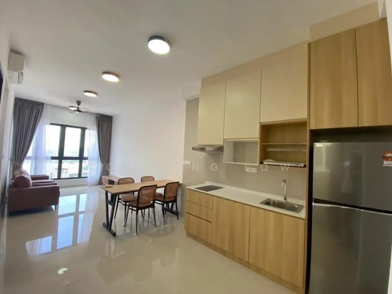 Kitchen features: light wood cabinetry, stainless-steel fridge, stainless-steel sink, chrome pull-down faucet, white quartz countertop, built-in oven, 4-burner gas hob, open shelving, recessed downlights, wall-mounted split AC, dining table with 4 chairs, floor-to-ceiling windows, grey curtains, polished tile flooring; style: modern; view: city. Living features: 3-seater fabric sofa in red, coffee table, TV console, wall-mounted TV, area rug, floor-to-ceiling windows, grey curtains, recessed downlights, polished tile flooring; style: modern; view: city.