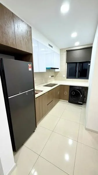 Kitchen features: white upper cabinets, wood lower cabinets, black stainless-steel fridge, built-in sink, chrome faucet, countertop with backsplash, built-in oven, washing machine, tile flooring, recessed downlights, window with roller blinds; style: modern.